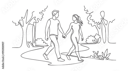 A minimalist line drawing depicts a couple holding hands and walking through a park with trees and bushes, conveying a sense of togetherness and calm.