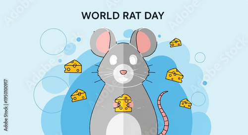 Cute cartoon rat holding cheese surrounded by pieces on blue background world rat day