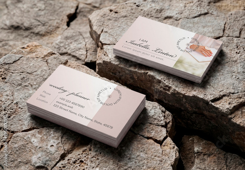 Business card stacks mockup on cracked stone texture