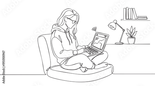 A minimalist line drawing depicts a young woman in a hoodie and glasses, comfortably seated on a couch with her laptop.