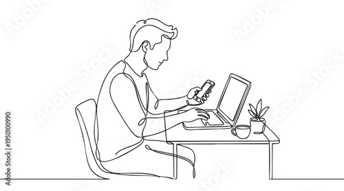 A minimalist line drawing shows a man sitting at a desk, focused on his laptop while holding his phone, suggesting multitasking or remote work.