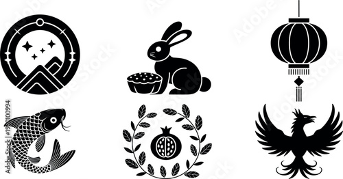 Mid Autumn Festival silhouette set featuring rabbit with mooncake lantern, koi fish, phoenix and pomegranate icons