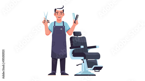 Barber in action: A skilled barber, equipped with scissors and a comb, stands ready beside his barber chair, demonstrating his expertise in a modern salon setting.