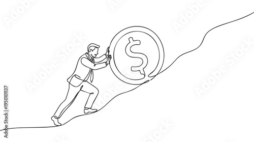 A man in a suit pushes a large dollar coin up a steep, undulating hill in a minimalist line art style, symbolizing financial struggle or growth.