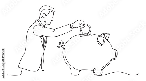 A man in a suit deposits a coin into a piggy bank, depicted in a minimalist continuous line art style, symbolizing saving and financial planning.