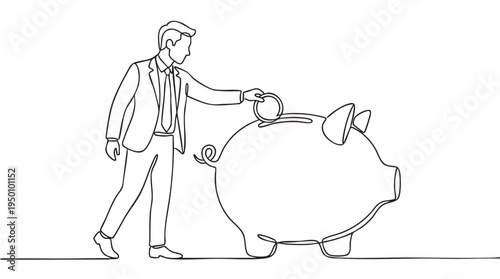 A minimalist line drawing depicts a businessman in a suit depositing a coin into a large piggy bank, symbolizing savings and financial planning.