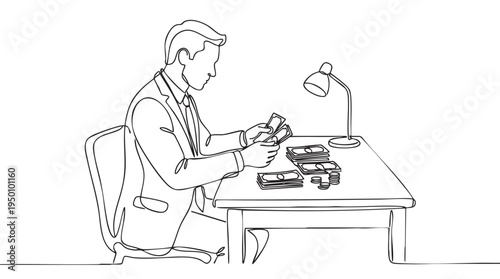 A single line drawing depicts a man in a suit sitting at a desk, meticulously counting bills and coins under a desk lamp, illustrating financial activity.