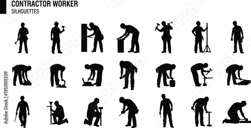 Construction worker silhouettes set, contractor people using tools, building repair maintenance labor, handyman industrial occupation, black worker collection, toolkit activity vector illustration