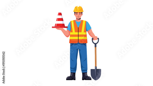 Construction Worker: A construction worker stands confidently, holding a traffic cone and shovel, ready to guide and maintain safety on the job site.
