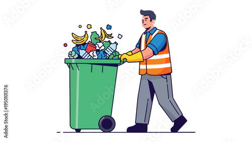 The custodian and the trash bin: a city sanitation worker takes away the trash in the bin, showcasing the importance of community cleanup and environmental sustainability.