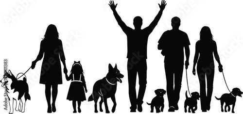 Family walking dogs silhouette with child and pets isolated background symbolizing pet care companionship lifestyle outdoor activity community