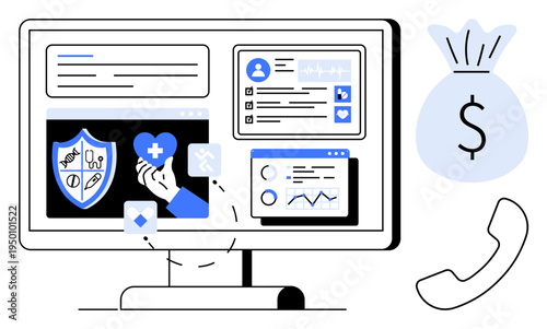 Health insurance, telemedicine, online payments, financial planning, technology tools, digital services. Monitor showing health and finance visuals. Health insurance and telemedicine concept