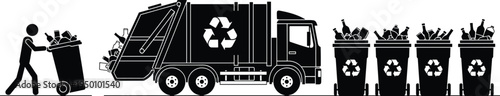 Garbage truck and recycling bins silhouette, waste management collection service concept, trash sorting and recycling vector illustration