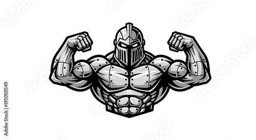 Strong knight in armor flexing muscles emblem illustration isolated