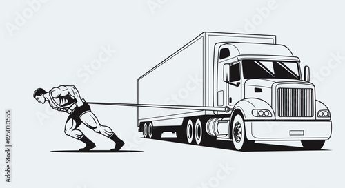 Strong man pulling truck illustration isolated on white background