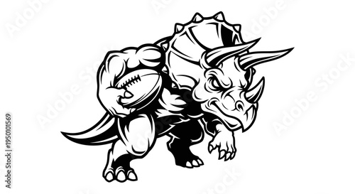 Strong triceratops holding football ready for action black and white vector