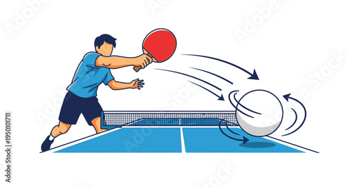 Table tennis player hitting a ball with a racket illustration on white background