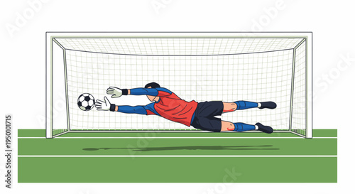 Soccer goalkeeper diving to save a goal in front of a net on green field