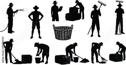 Farmer and agriculture worker silhouettes set, hay bale handling, raking and watering crops, farming activity collection, rural labor black vector illustration