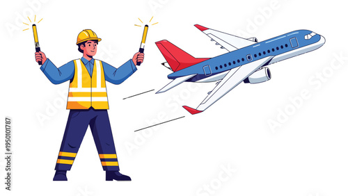 Guiding Aviation: A ground crew member directs an airplane with precision and expertise, ensuring a safe takeoff and seamless flight.