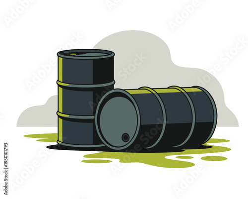 Hazardous waste spill illustration, toxic green chemical leaking from overturned industrial barrel showing environmental hazard and industrial safety failure.
