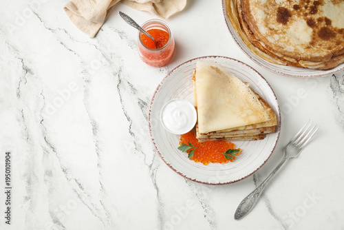 Delicious pancakes with red...