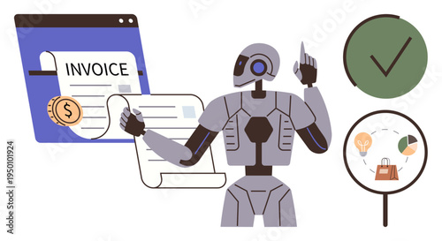Finance, automation, e-commerce tech, machine learning, productivity, robotic systems. A robot interacting with an invoice interface and icons. Finance and automation in digital invoicing concept