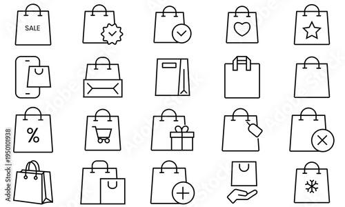 Shopping bag icon set. Outline icon of shopping bag or paper bag icon. Reusable grocery bag line icon. Free Vector, E-commerce & Retail symbol for UI Design, App, and website. vector illustration.