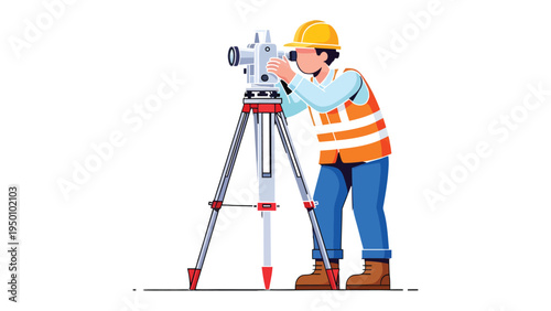 Surveying the Terrain: A construction worker meticulously surveys the landscape, using advanced instruments to ensure accuracy and precision in his task.