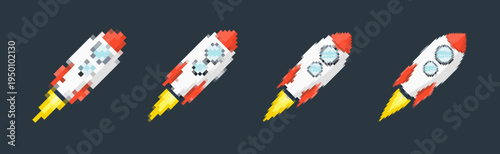 Pixel art rocket with fiery trails, retro games, space-themed designs, apps, or animations. 8-bit style for technology, sci-fi, and futuristic creative projects. Vector illustration