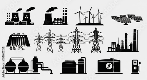 Diverse Energy Sources - Nuclear, Coal, Wind, Solar, Hydro, and Fossil Fuels.