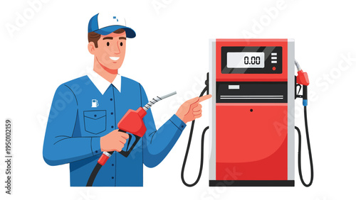 Fuel Attendant: A smiling fuel attendant in a blue uniform, pointing towards a modern, red fuel pump, ready to serve customers at the gas station.