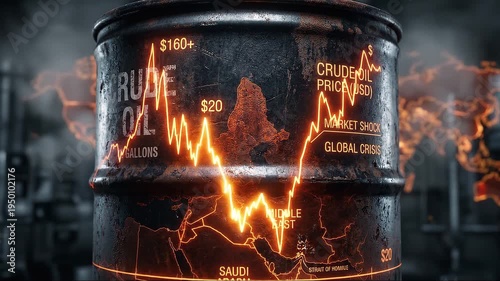 Global crude oil price surge illustrated on an industrial oil barrel with glowing market chart and world map, representing energy crisis and geopolitical economic impact.