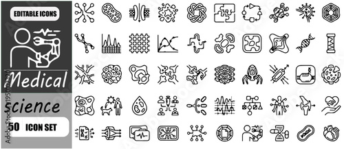 Advanced Medical Science and Biotechnology Vector Icon Set: Modern Line Icons for Healthcare Research, Laboratory Testing, Molecular Biology, Genetic Engineering, and Medical Diagnostic Innovation - 5