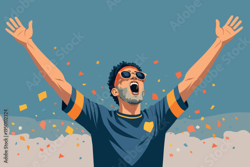 Excited football fan celebrating victory with raised arms at stadium with confetti, sports supporter emotion vector illustration