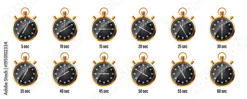 Realistic classic stopwatch. Shiny golden metal chronometer, time counter with dial. Countdown timer showing minutes and seconds. Time measurement for sport, start, finish. Vector illustration