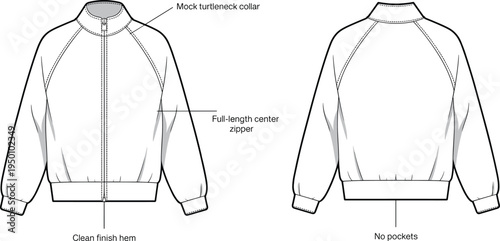 Technical flat of a black bomber jacket with front and back views and labeled garment flat technical fashion garment