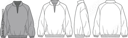 Technical fashion flat of a grey quarter-zip pullover jacket from multiple angles for and manufacturing