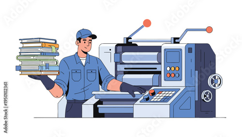 Precision and Knowledge: A skilled worker operates advanced machinery while carrying a stack of books, showcasing a blend of technical expertise and the pursuit of knowledge.
