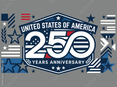 United states of america 250th anniversary logo with patriotic symbols and stars on a colorful background