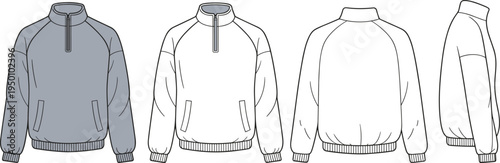 Technical flat of a grey quarter-zip pullover sweatshirt from front back and side views quarter zip