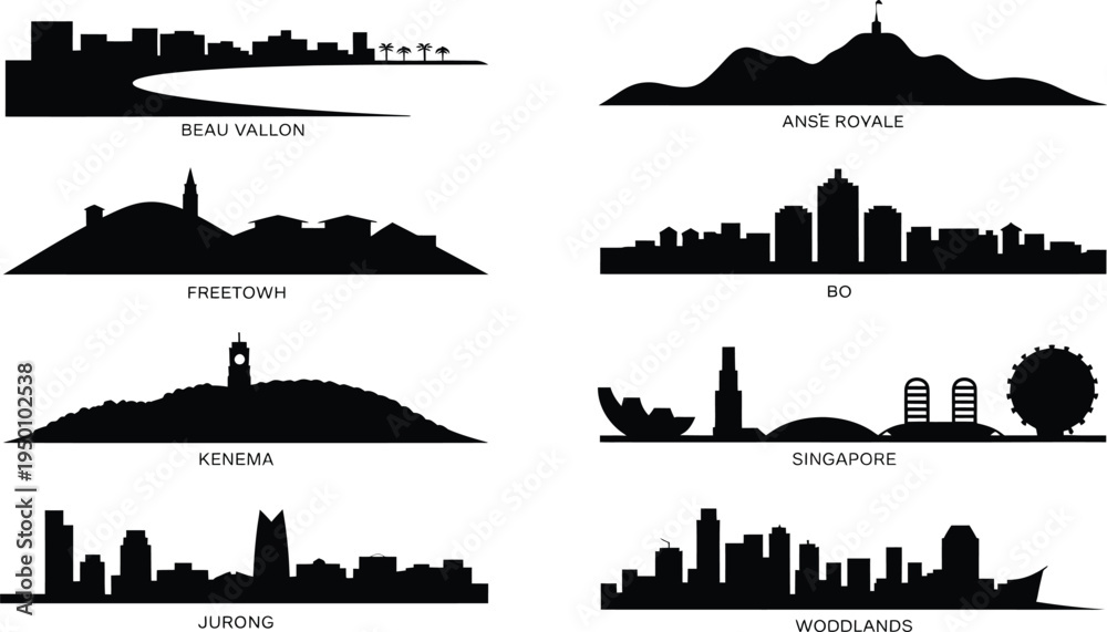 Obraz premium African and asian city skylines set with singapore landmarks and coastal town silhouettes vector