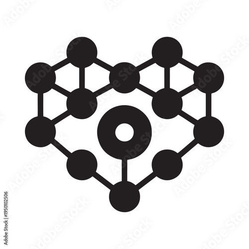 A black and white graphic depicts a network of connected circles with a central hollow circle