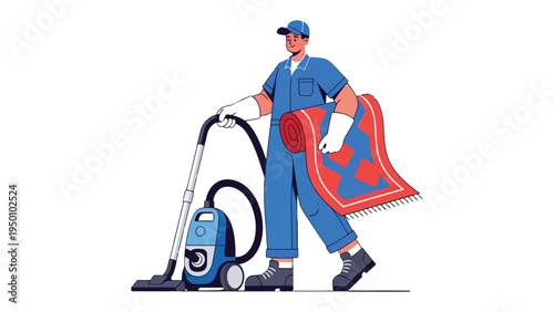 Cleaning Service Professional: A skilled cleaning service professional, equipped with a vacuum cleaner and a rolled-up carpet, ready to revitalize any space with meticulous care and attention.