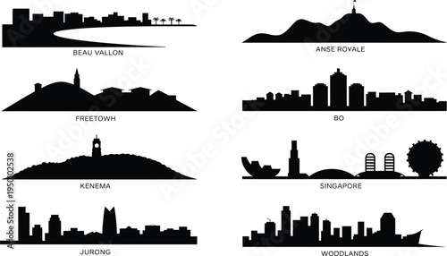 African and asian city skylines set with singapore landmarks and coastal town silhouettes vector