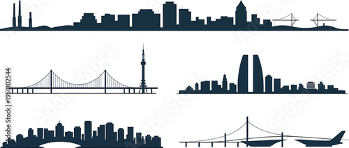 Assortment of urban skylines featuring skyscrapers towers bridges and industrial zones