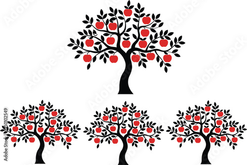 Red apple tree silhouette collection with ripe fruits and black leaves set