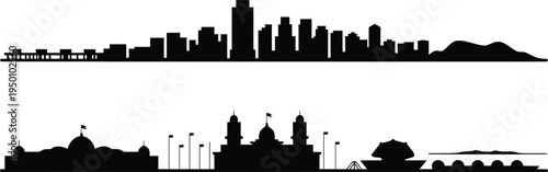 Black silhouette cityscape elements featuring modern skyscraper buildings and coastal bay views