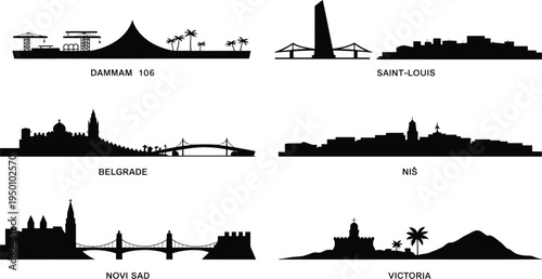 Black silhouette collection of global city skylines including dammam belgrade and saint louis