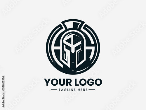 Black and white logo design with geometric shapes on a circular background and sample text on a clean white background.